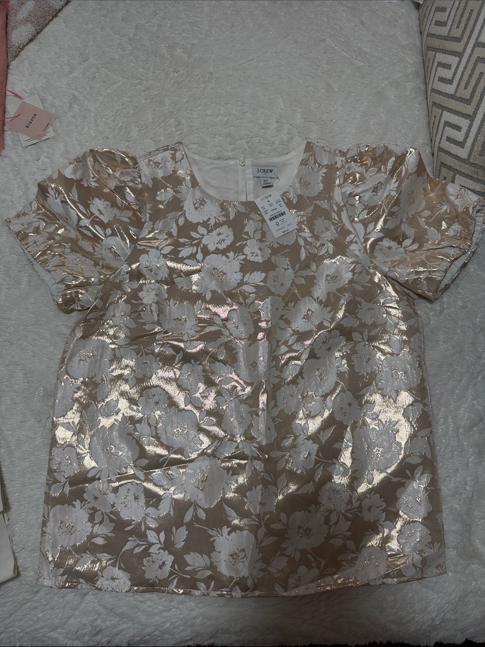 J. Crew Metallic Floral Short Sleeve Blouse - Gold & White